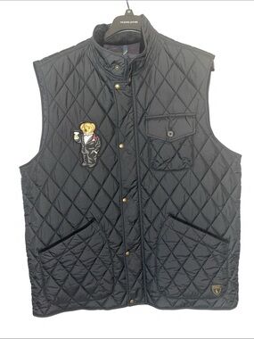 Polo Ralph Lauren Black Quilted Vest with Brass Snap Detail with Polo Bear patch